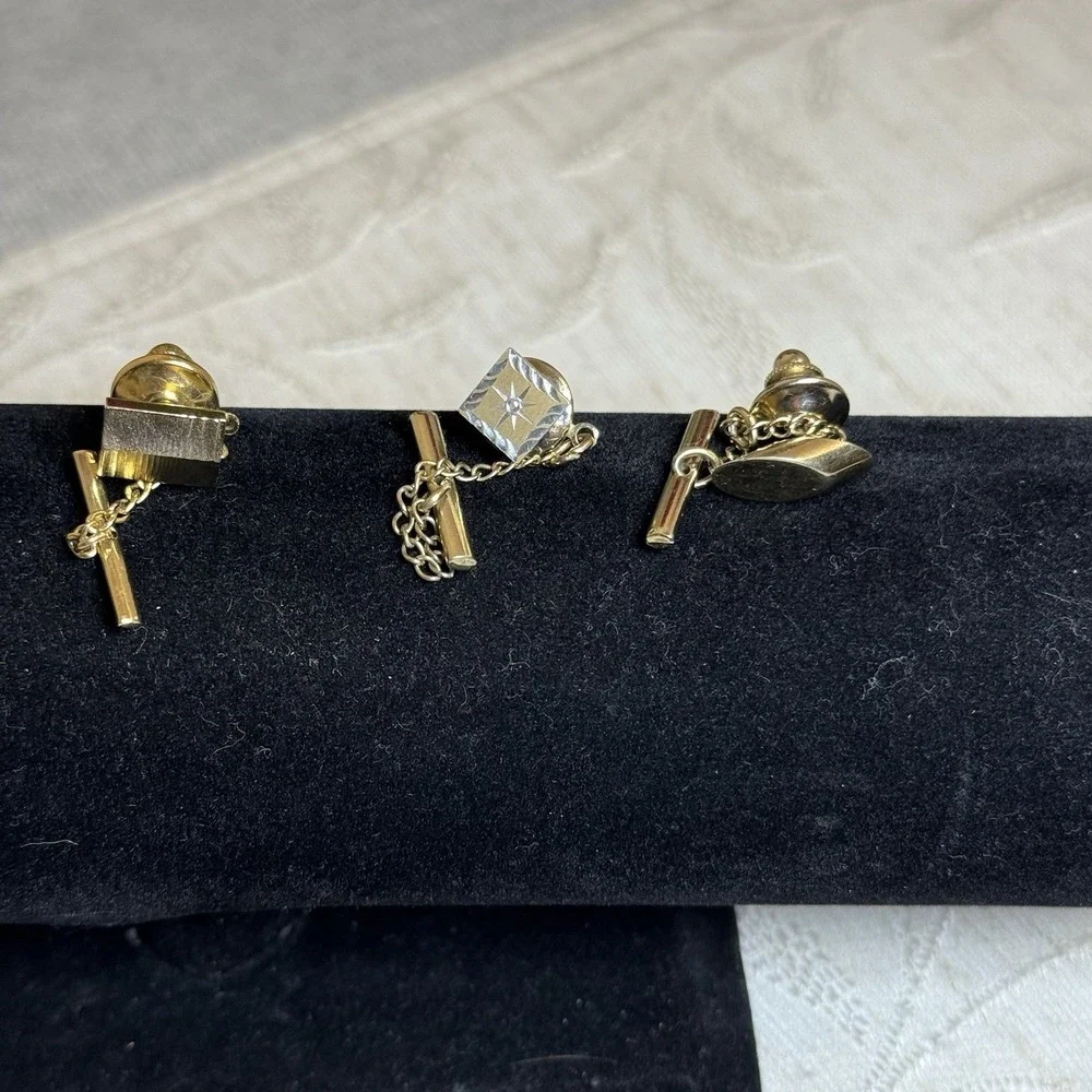 Men's‎ 3 Piece See Of Gold Toned Tie Tacks With Chain
